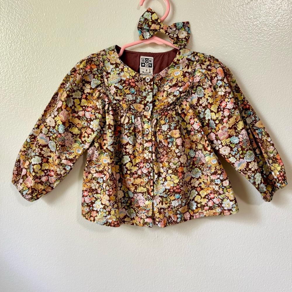 Bonton Floral Long Sleeve Baby Top with hair Bow 2T